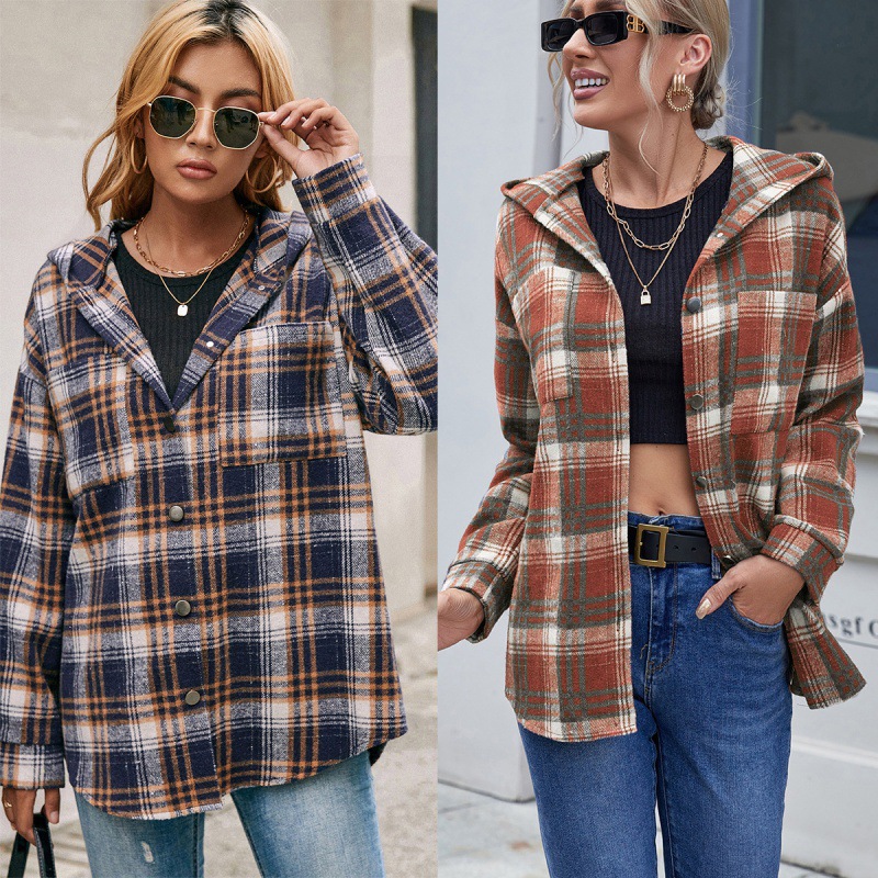 Loose Casual Long Sleeve Single Breasted Check Hooded Jacket