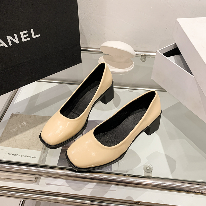 Women French Retro Square Toe High Heels, 2026 New Spring & Fall Soft Leather Low Cut Pumps, Mid Block Heel Grandma Shoes