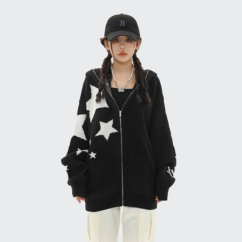 Star Yarn Dyed Loose Hooded Sweater Black - Shop at LoveMi
