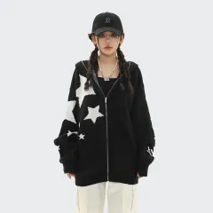 Star Yarn Dyed Loose Hooded Sweater - Black - View 1