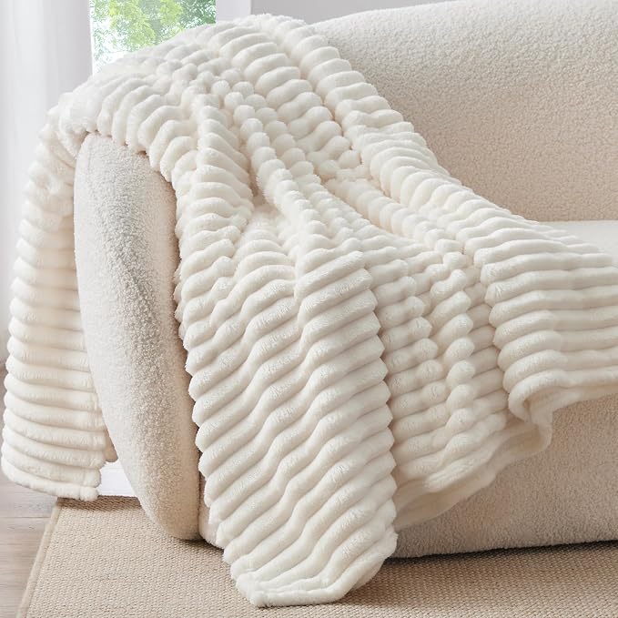 Cream Fleece Throw Blanket, Fluffy Cozy Couch Blanket For Living Room, 50 X 60 Inch