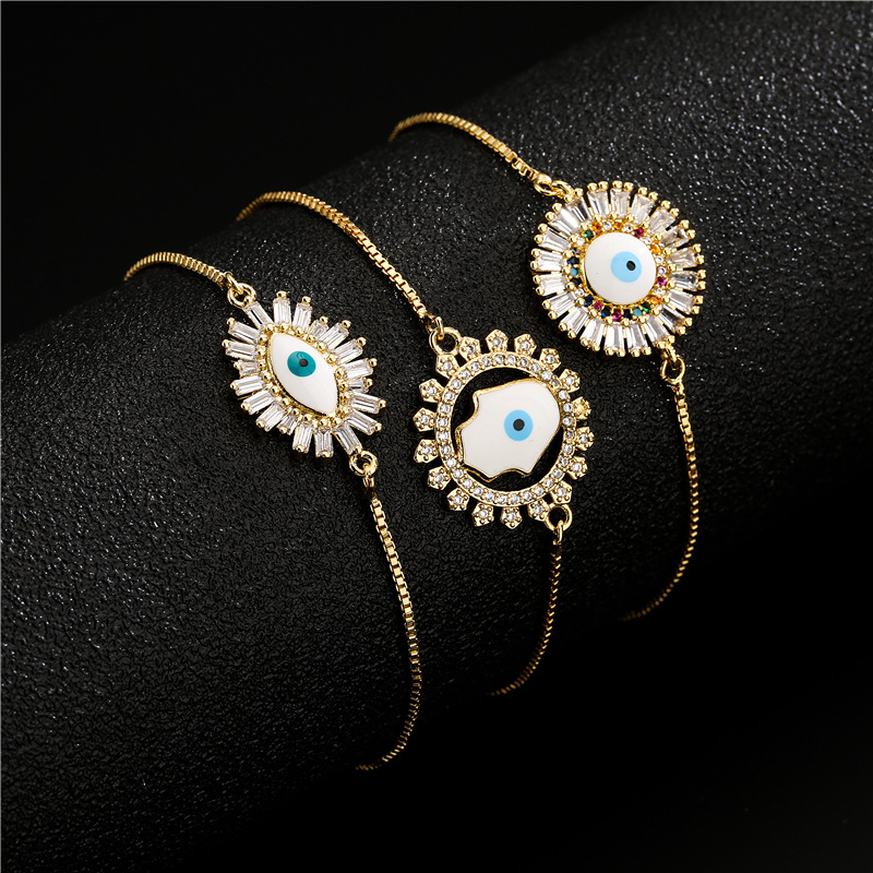 Trendy Brass Micropaved Geometric Devil's Eye Charm Bracelet