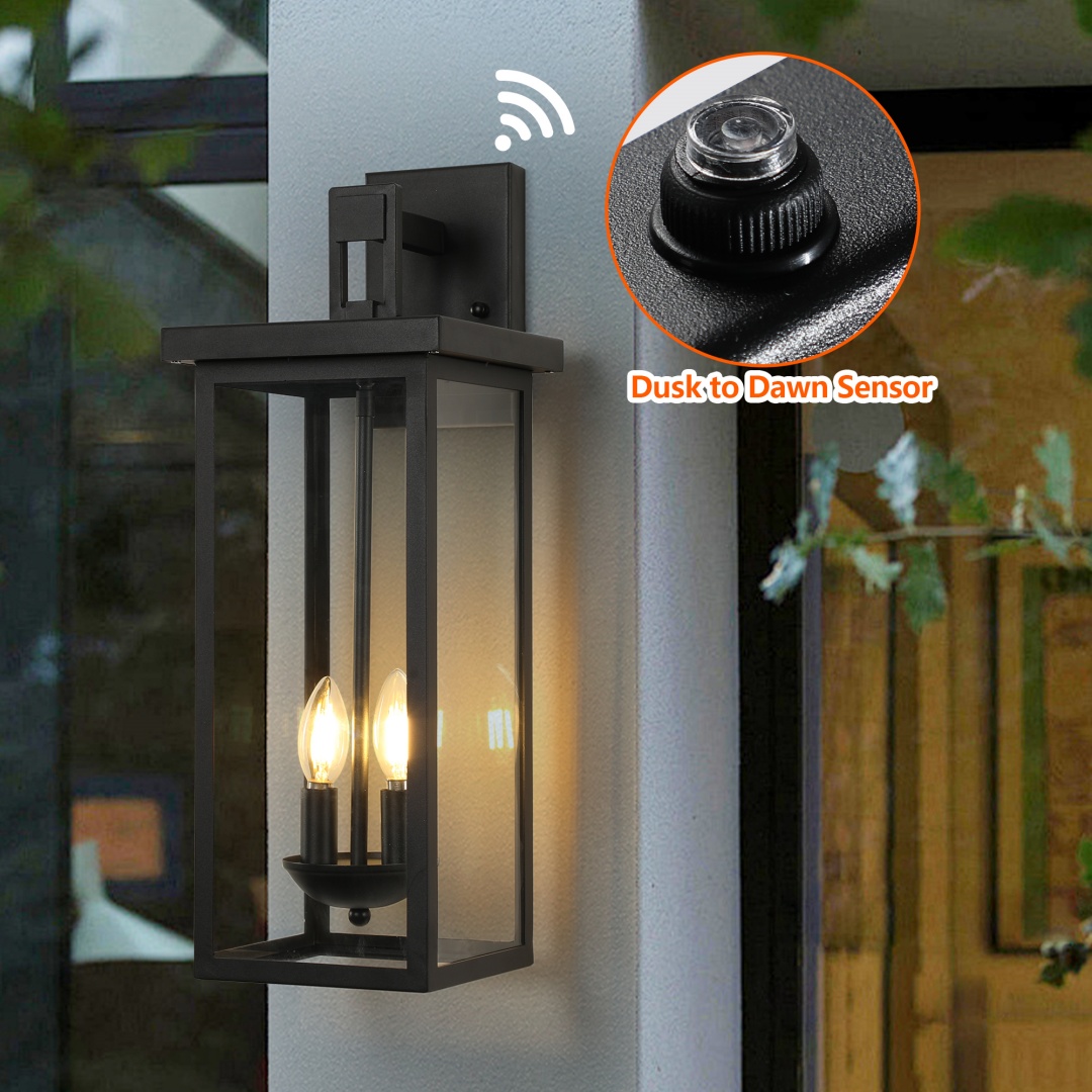 1-Pack 22.0  Outdoor Wall Lantern With Dusk To Dawn Sensor, Matte Black Finish, Clear Glass Panels, Weatherproof Exterior Light For Porch, Patio, Garage, 2-Light Design  Bulb Not Included