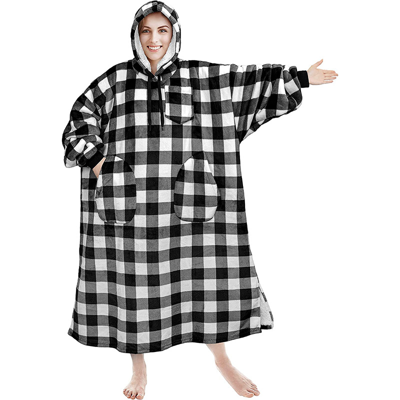 Title 8, Long Solid Color Plaid Lazy Blanket Hooded Draw...