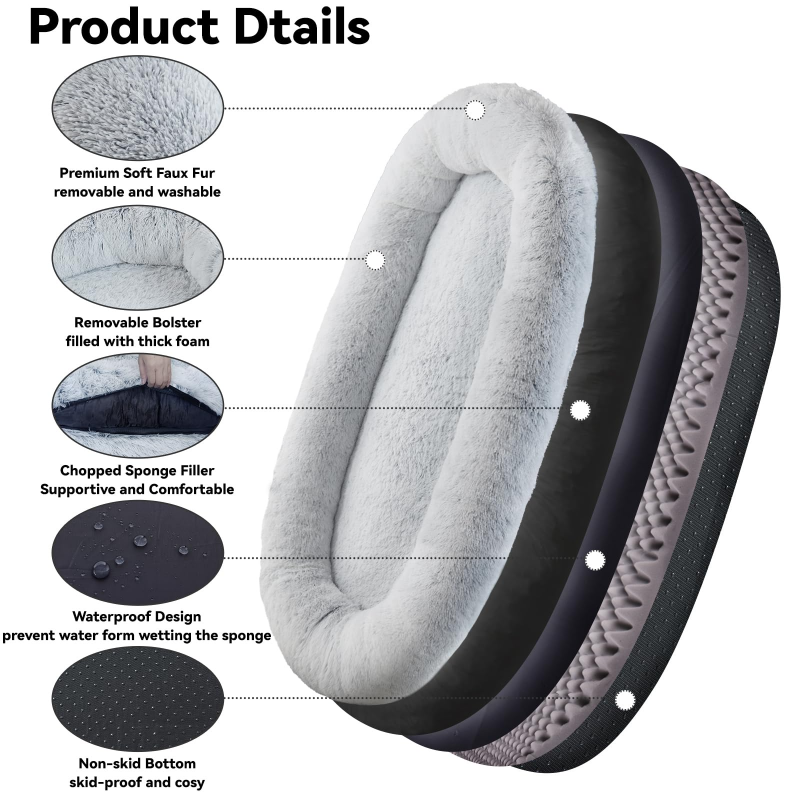 Human Dog Bed, 63''x31.4''x9.5'' Size Fits You And Pets, Washable Faux Fur Dog Bed For People Doze Off, Napping Orthopedic Dog Bed, Present Plump Pillow, Blanket, Strap - Grey 3