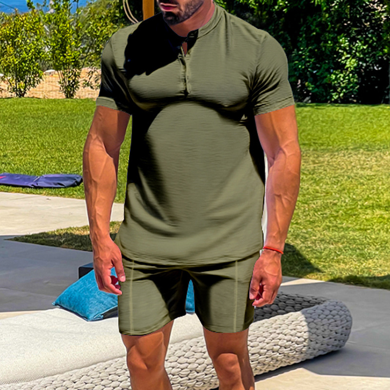 Men's Casual Athletic Solid Color Henley Two-Piece Suit