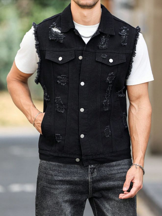 Black Distressed Denim Vest Men Ripped Frayed Sleeveless Jean Jacket Streetwear US Warehouse