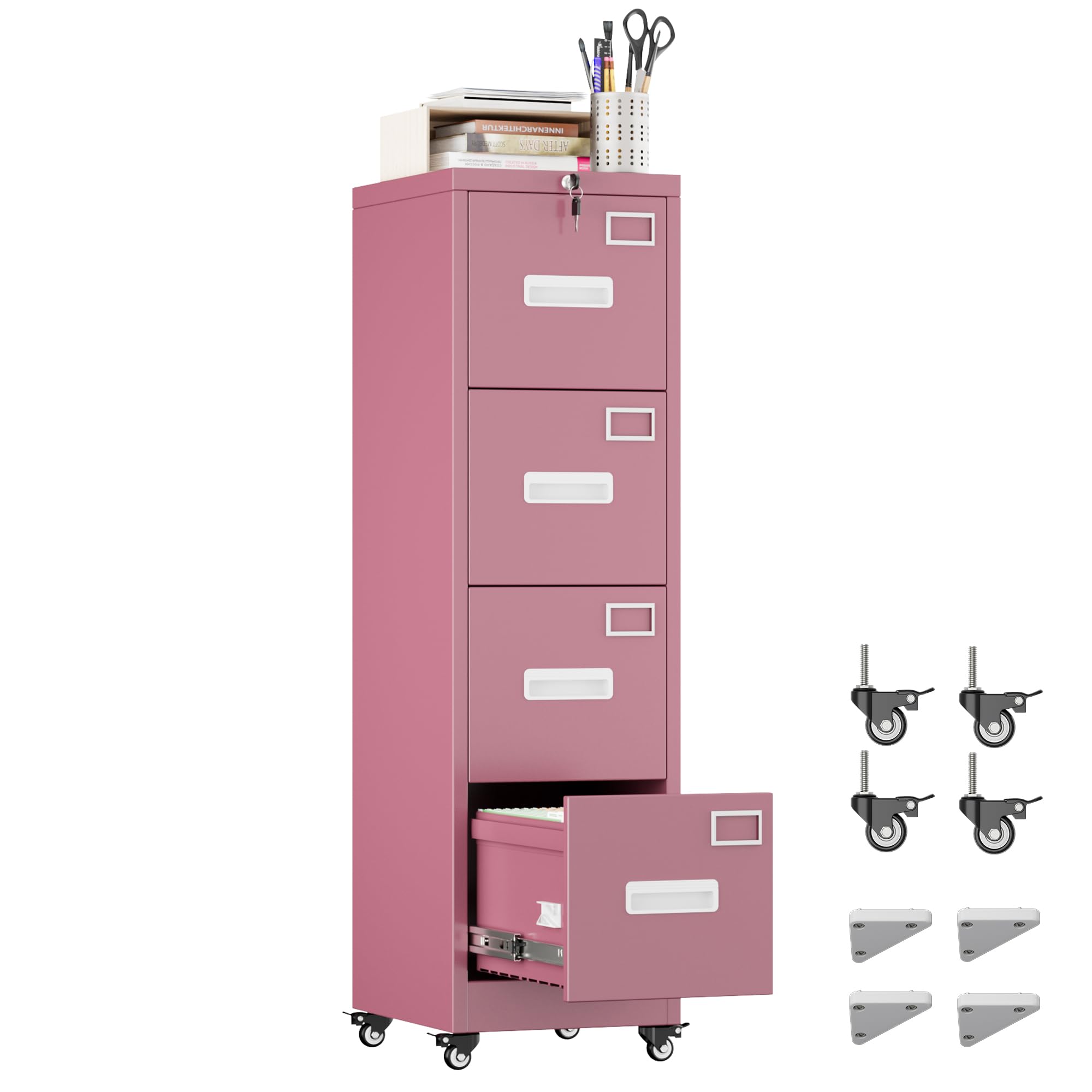METAN 4 Drawer File Cabinet On Wheels, Lockable Metal Filing Cabinet With Handle And Name Card For Office Home,Assembly Required,Pink