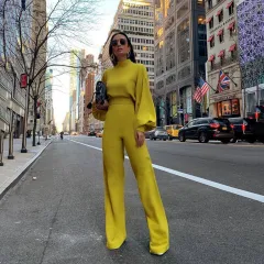 Women's Casual Pants Solid Color Turtleneck Backless Long Sleeve Jumpsuit - Yellow - View 1