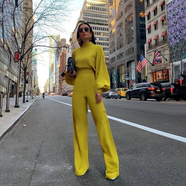 Women's Casual Pants Solid Color Turtleneck Backless Long Sleeve Jumpsuit Yellow - Shop at LoveMi