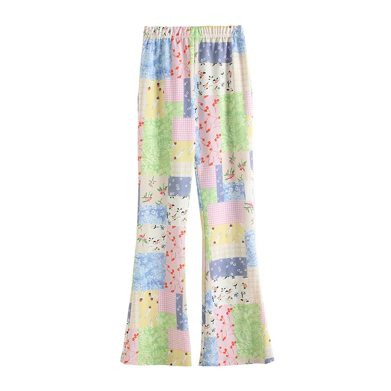 Women's High Waist Floral Casual Flared Trousers - Color