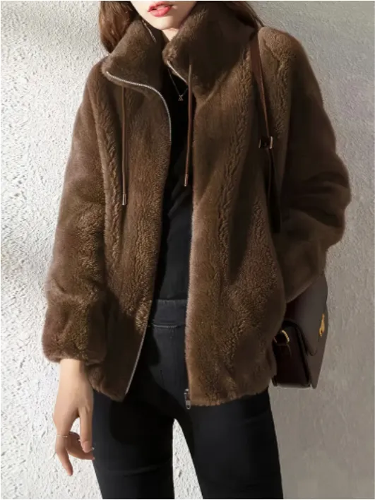 Drawstring Teddy Coat Casual Zip Up Long Sleeve Warm Outerwear Women's Clothing Brown - Shop at LoveMi