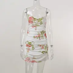 European Wind Sling Mesh Vintage Flower Dress - White - View 1