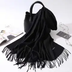Imitation Cashmere Scarf Women's Solid Color Fringed Warm Dual-use Shawl - Black - View 1