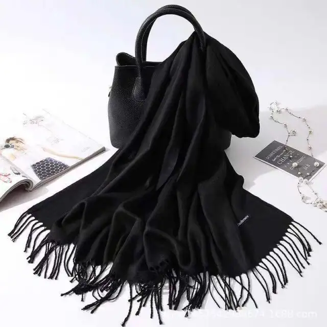 Imitation Cashmere Scarf Women's Solid Color Fringed Warm Dual use Shawl Black - Shop at LoveMi