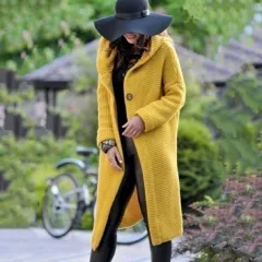 Medium Length Sweater Hooded Cardigan Women's Sweater - Yellow - View 1