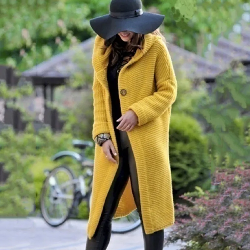Medium Length Sweater Hooded Cardigan Women's Sweater - Yellow