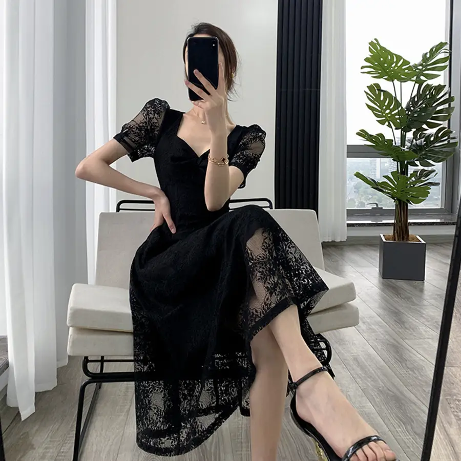 Women's Summer Square Collar French Retro Lace Long Dress