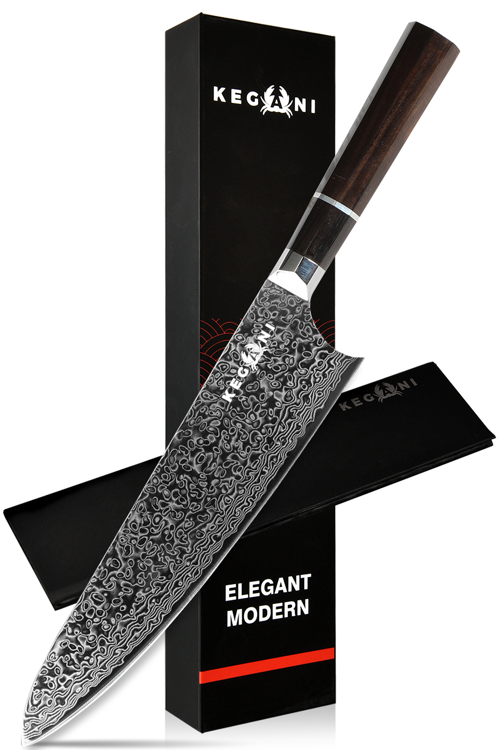 Kegani Japanese Kiritsuke Chef Knife with 67 Layers VG-10 Damascus Steel and Ebony Full Tang Handle for Sushi and Gyuto Knife