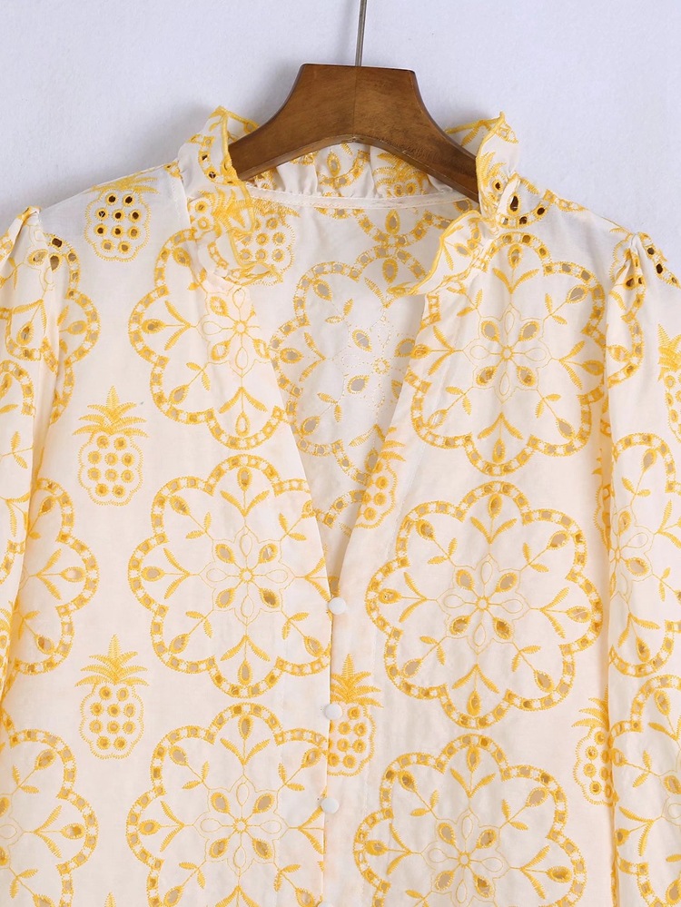 Women's Fashion Puff Sleeve Embroidered Single Breasted Shirt