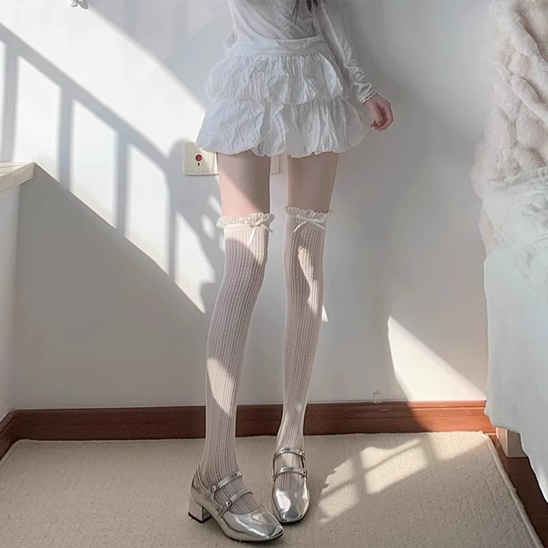Ballet White Bow Lace Over-the-Knee Half-Hose, Fishnet JK