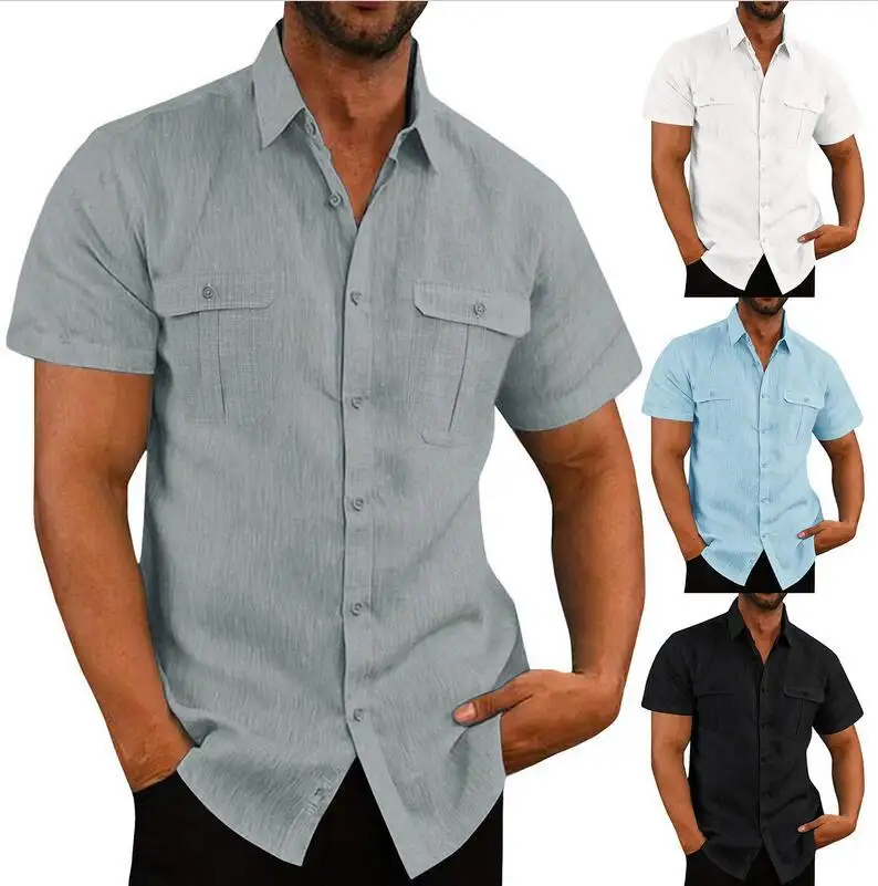 Men's Button Short Sleeve Shirt Summer Casual Double Pocket