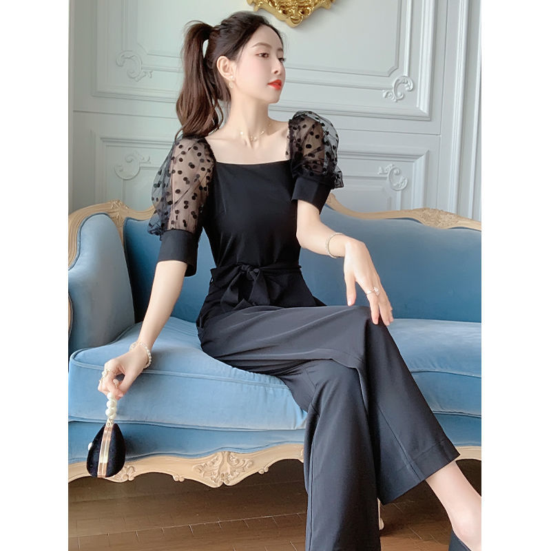 Title 3, Temperament High Waist Puff Sleeve Wide Leg Pan...