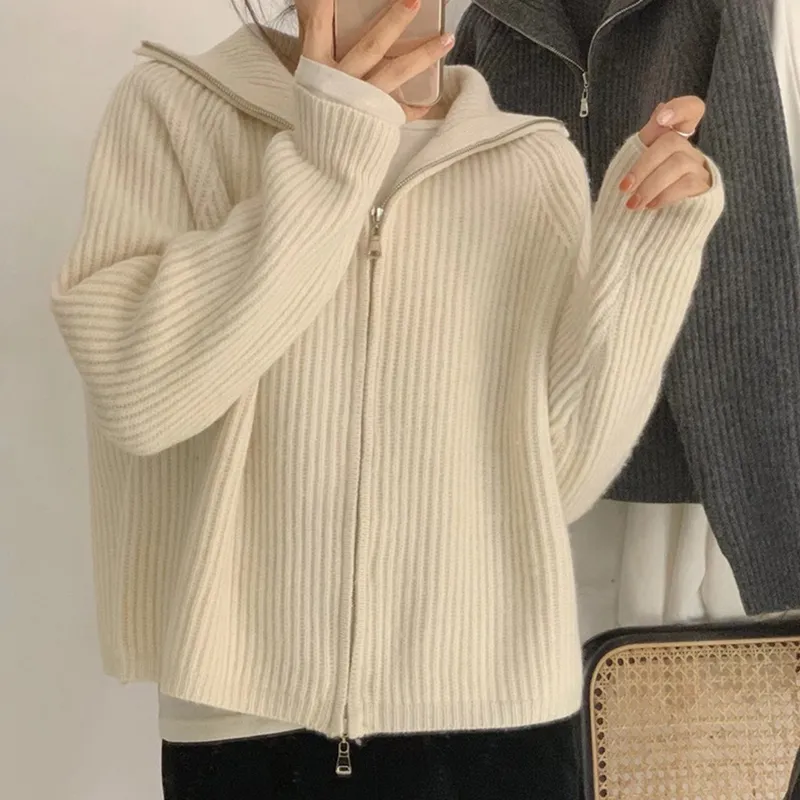 Zipper Knit Cardigan Womens Fashion Loose Outer Wear Lazy