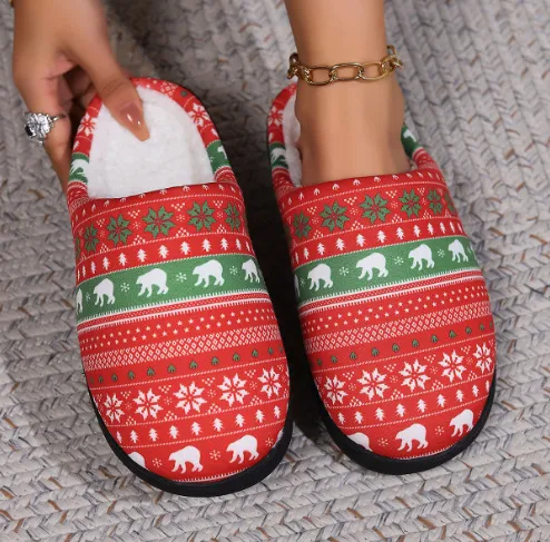 Christmas Snowman Elk Santa Claus Print Slippers Winter Warm Plush Slippers Indoor Non slip Floor Bedroom Shoes Floating Bear 40Or41 - Shop at LoveMi