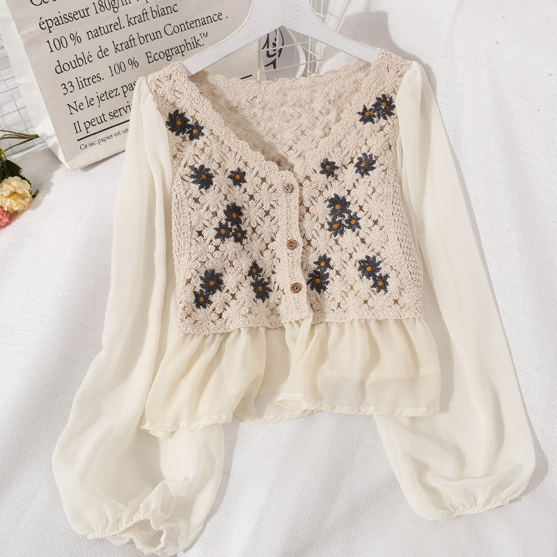 Stitching Single-breasted Long-sleeved Shirt Women Korean Style Crochet Hollow Fashion Top