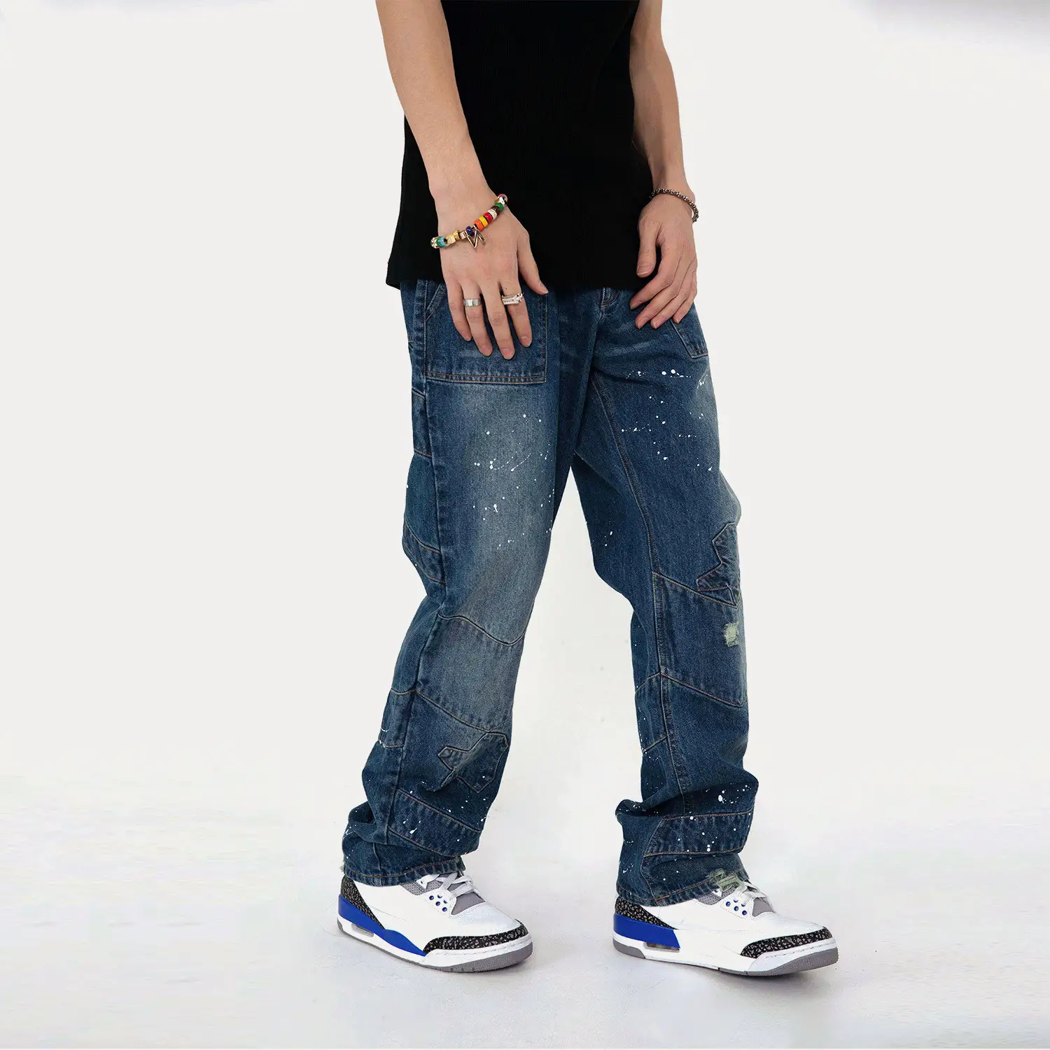 Street Vintage Washed And Whitened Old Ink Splash Jeans