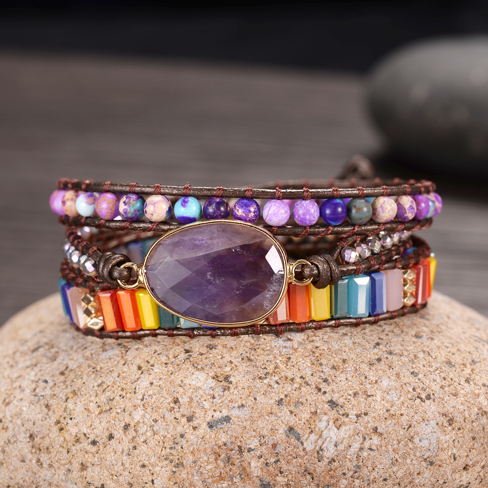 Faceted Natural Crystal Stone Three-layer Ladies Fashion Bracelet Handmade Beaded Crystal Leather Cord Bracelet