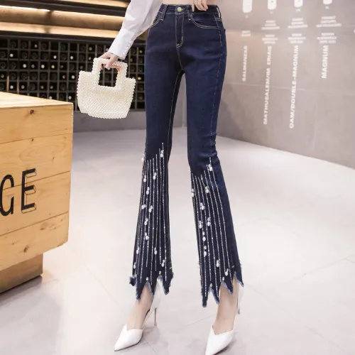 Women's Fashion Tassel Raw Edge Irregular Slit Jeans Blue - Shop at LoveMi