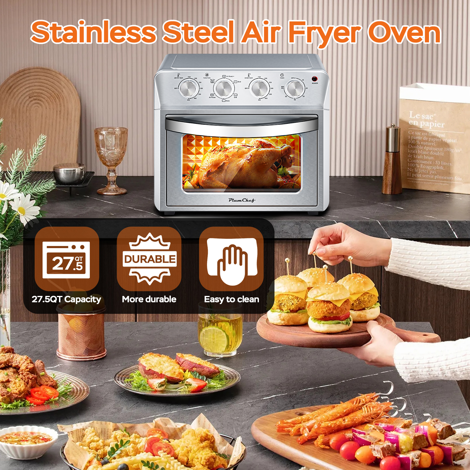27.5QT 6-in-1 Air Fryer Toaster Oven, 6-Slice, Countertop Convection Oven, Air Frying, Baking, Roasting, Broiling & Grilling, 1600W, Sliver, Amazon Resale Prohibited — foto 7