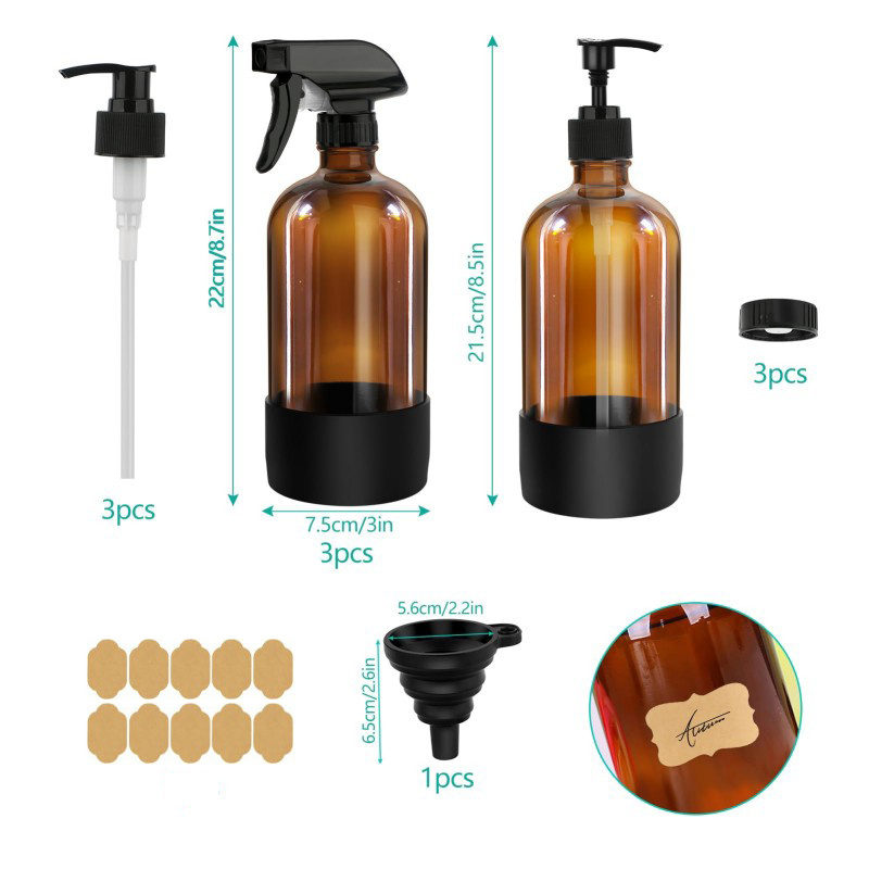 3Pcs 500ml Empty Amber Spray Bottles With 3-Mode Adjustable Nozzle Leak-Proof Design Funnel And Labels For Home Cleaning Garden Plant Mist To Use