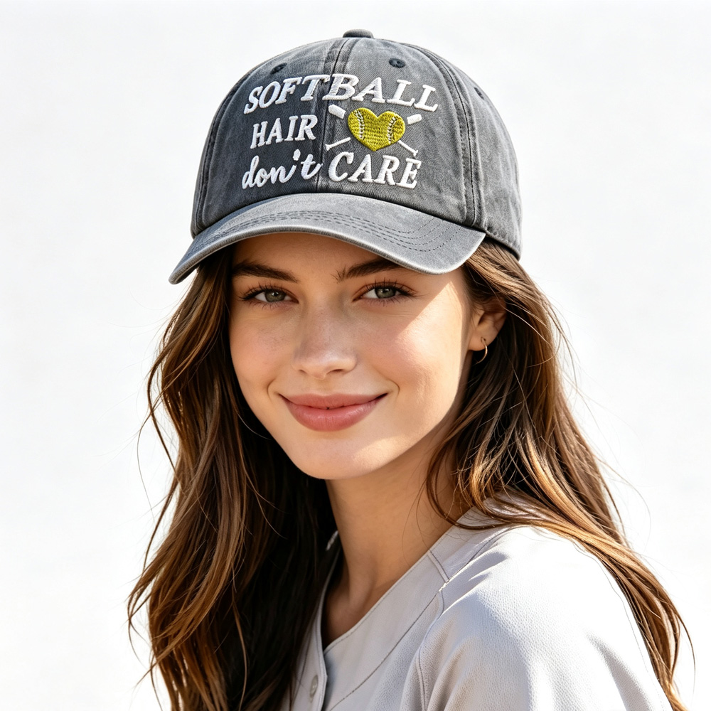 Softball Hair Don't Care Embroidered Washed Baseball Cap, Vintage Distressed Hat For Women Softball Lover — foto 3