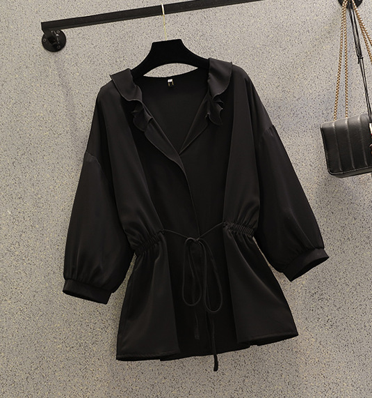 Fashionable Personality Waist Tie Thin Shirt Top Black - Shop at LoveMi