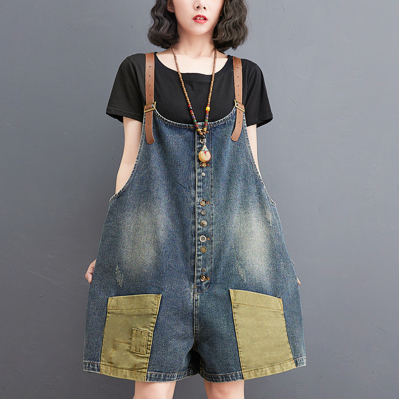 Personality Retro Contrast Color Casual High Waist Slim Denim Overalls Yellow - Shop at LoveMi
