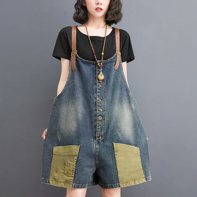 Personality Retro Contrast Color Casual High Waist Slim Denim Overalls Yellow Blue - Shop at LoveMi