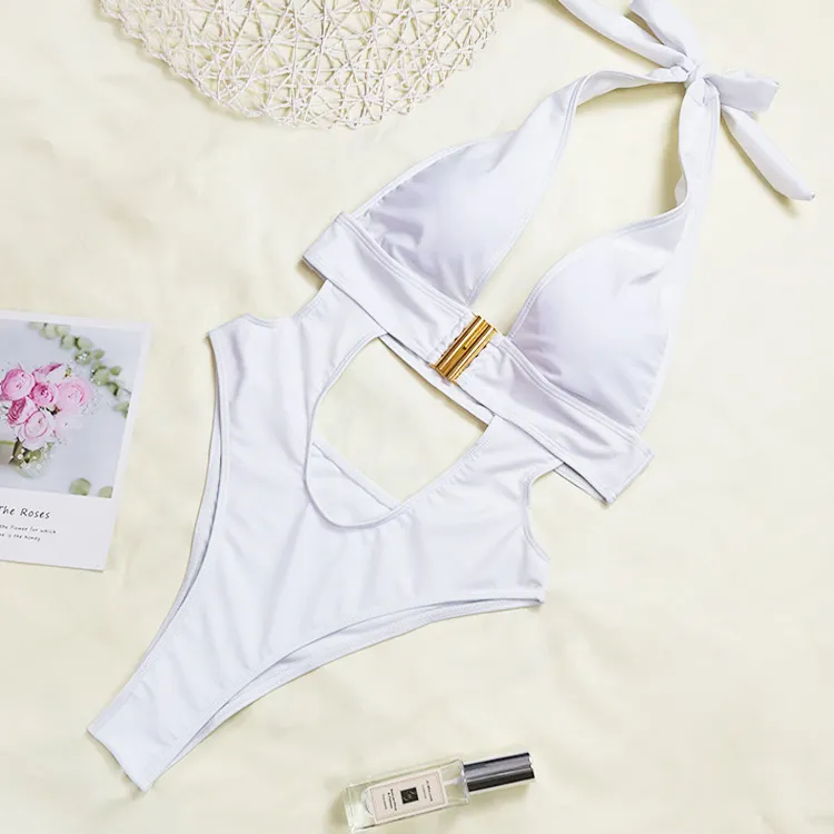 One piece swimsuit with metal buckle - White