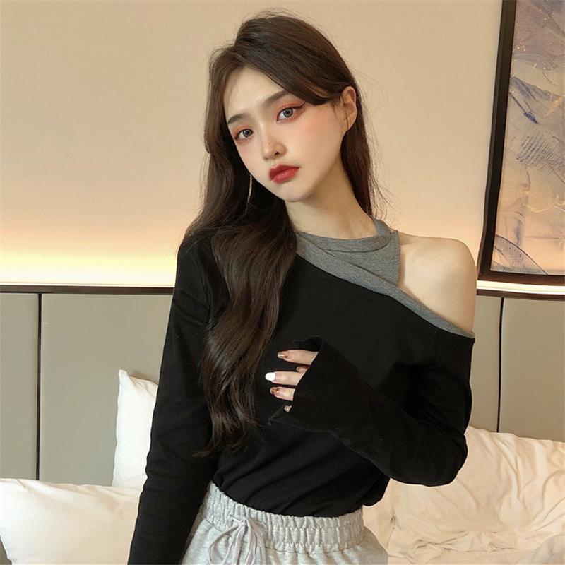 Women's Fashion Colour Blocking Strapless Long Sleeve T-shirt Bottoming Shirt Top