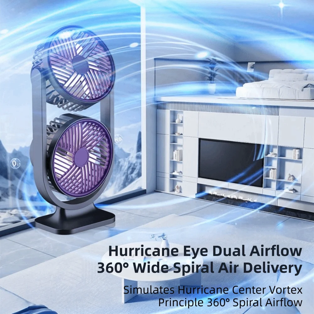 5 Gear Dual-Head Desktop Fan USB Rechargeable Low Noise Double Head Desk Fan Night Light Independent Control