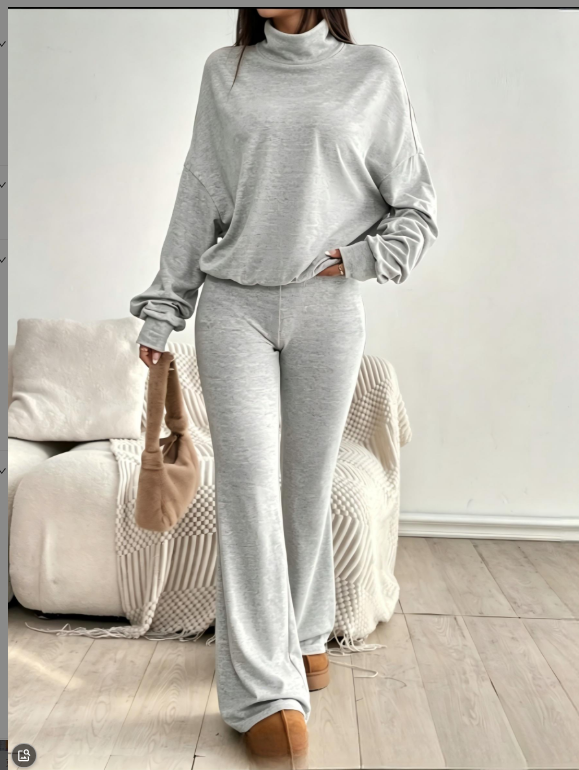Ma Grey High Collar Shoulder Loose Long Sleeve Top With High Waist And Slight Sagging, Casual Two Piece Set