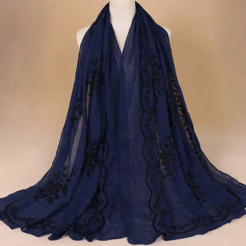 Cotton Embroidered Long Scarf For Indian Women - Navy