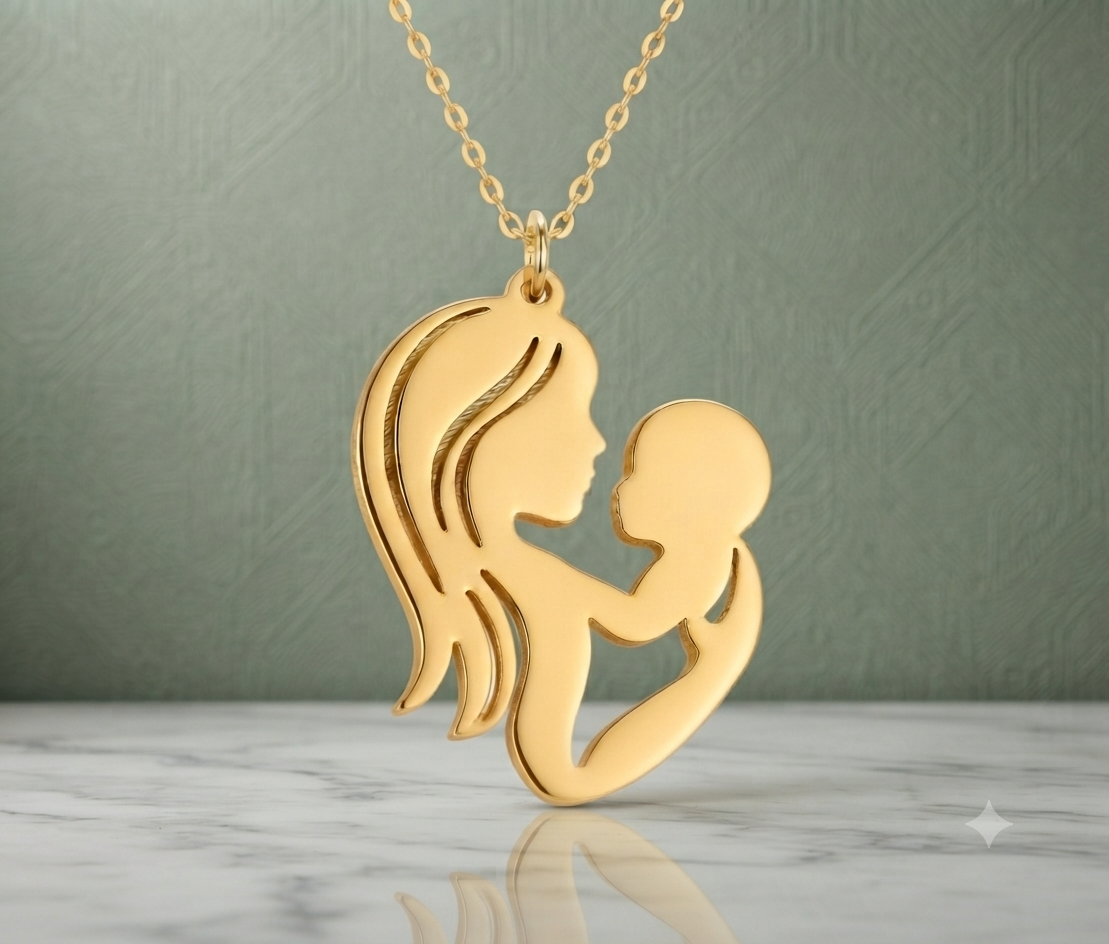 Custom Mother & Baby Necklace 24K Gold Plated Silver Gift Pendant 4