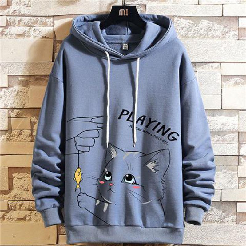 Hooded Top Loose Cute Cat Print Sweater Men