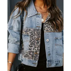 Women's Cropped Distressed Denim Jacket Ripped Button Down Jean Jacket Long Sleeve Casual Streetwear Coat - Blue - View 1