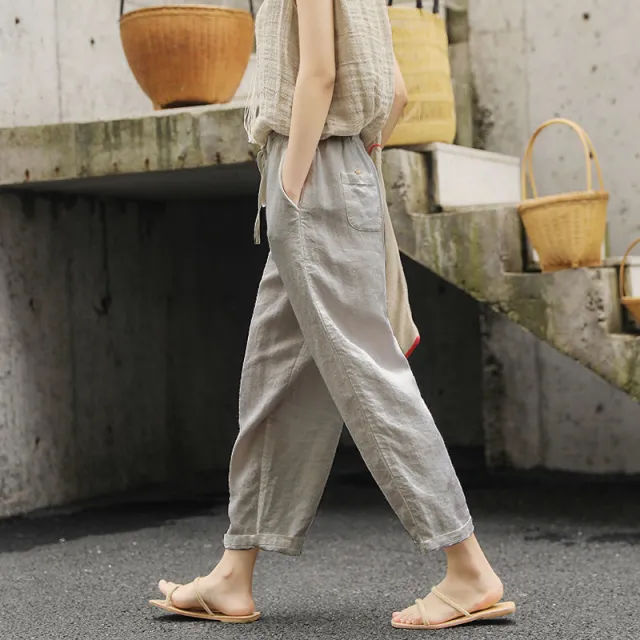 Cropped Pants Loose Anti cotton Linen Elastic waist Wide leg Pants Retro Art And Versatile Casual Pants Linen M - Shop at LoveMi