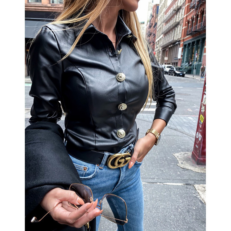 Title 4, Single Breasted Lapel Long Sleeve Leather Top S...