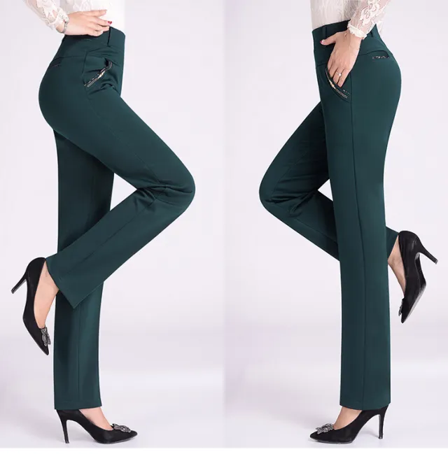 Elastic High Waist Plus Size Stretch Straight leg Pants Green - Shop at LoveMi